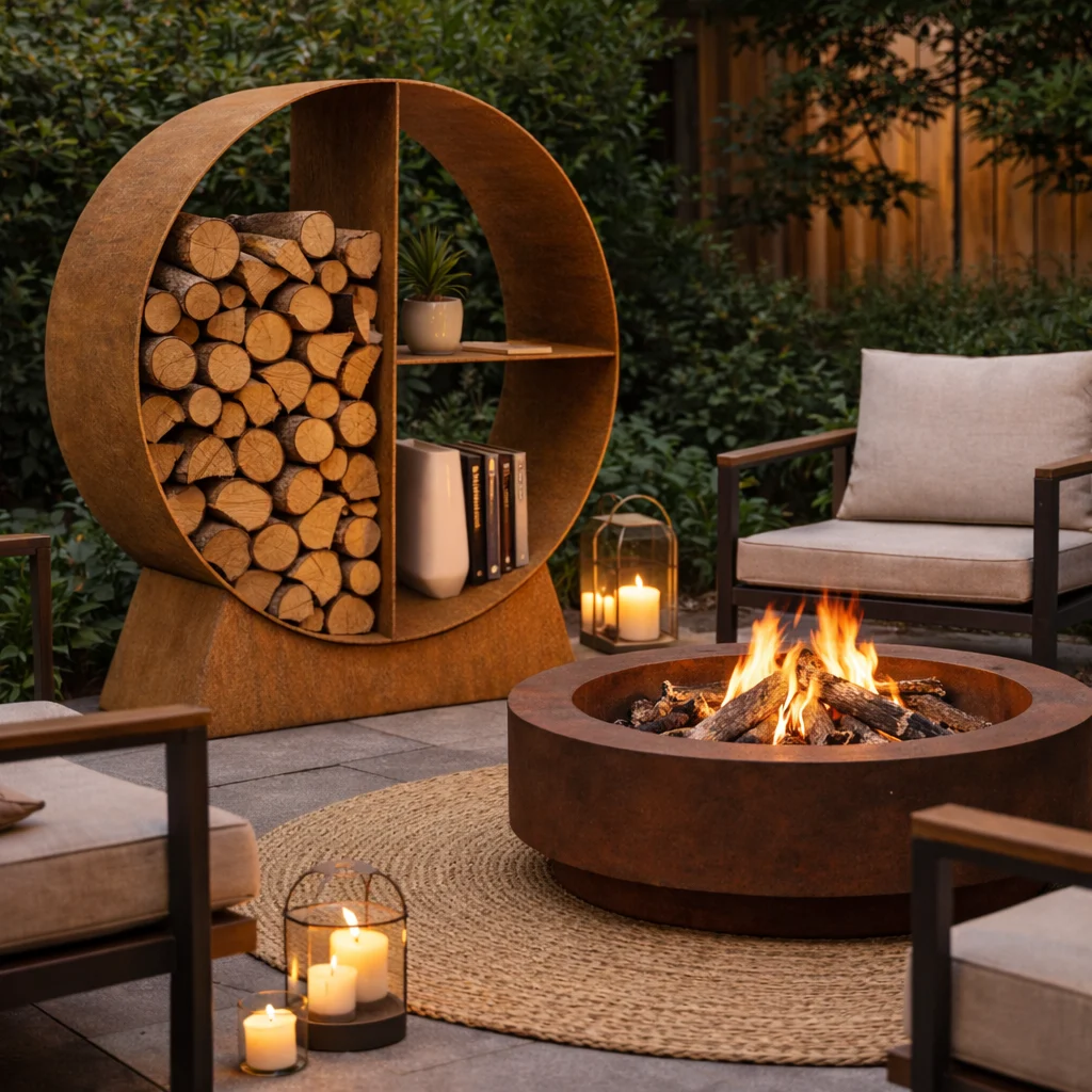 Medium Round Wood Holder Firepit - Iron Leaf Studio