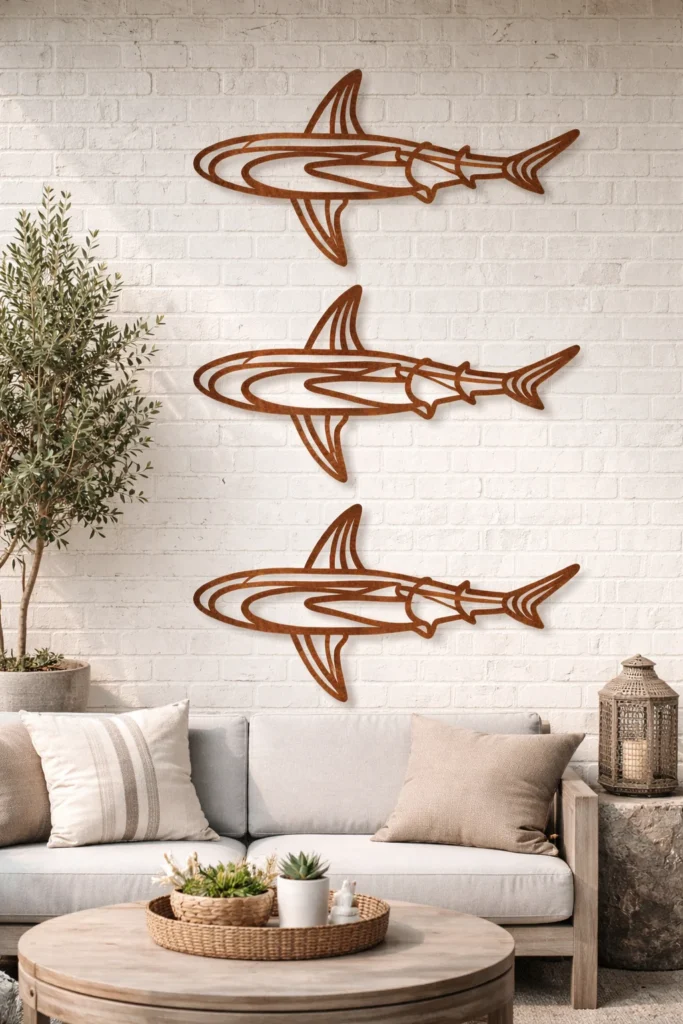 3. Group of Three Sculptures 2 1 Shark Rusty three sculptures Entertainment Area - Iron Leaf Studio