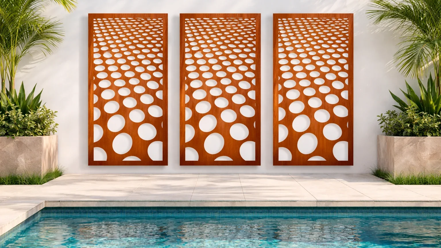 3. Group of Three Sculptures 1 Abstract 2 Screen Near Pool with three sculptures - Iron Leaf Studio