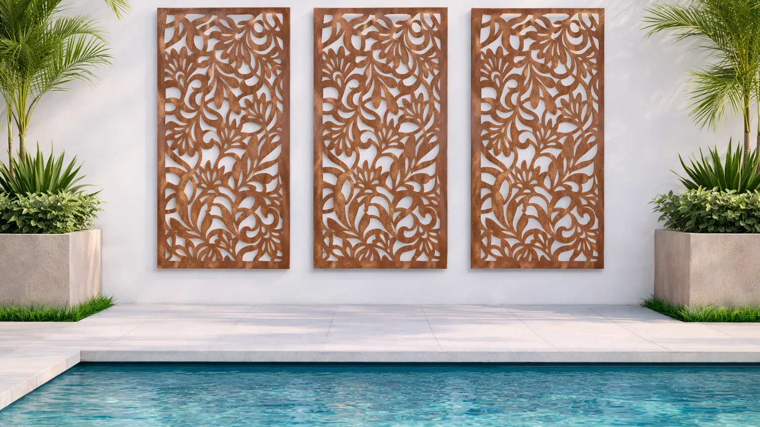 Corten Steel Privacy Screens Near Pool 1 - Iron Leaf Studio