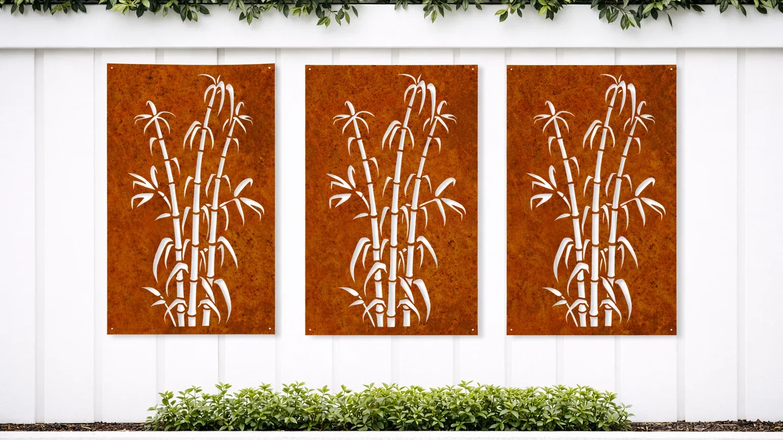 3. Group of Three Sculptures 3 Bamboo Stalk Botanical 600 X 900 On White Fence three sculptures - Iron Leaf Studio