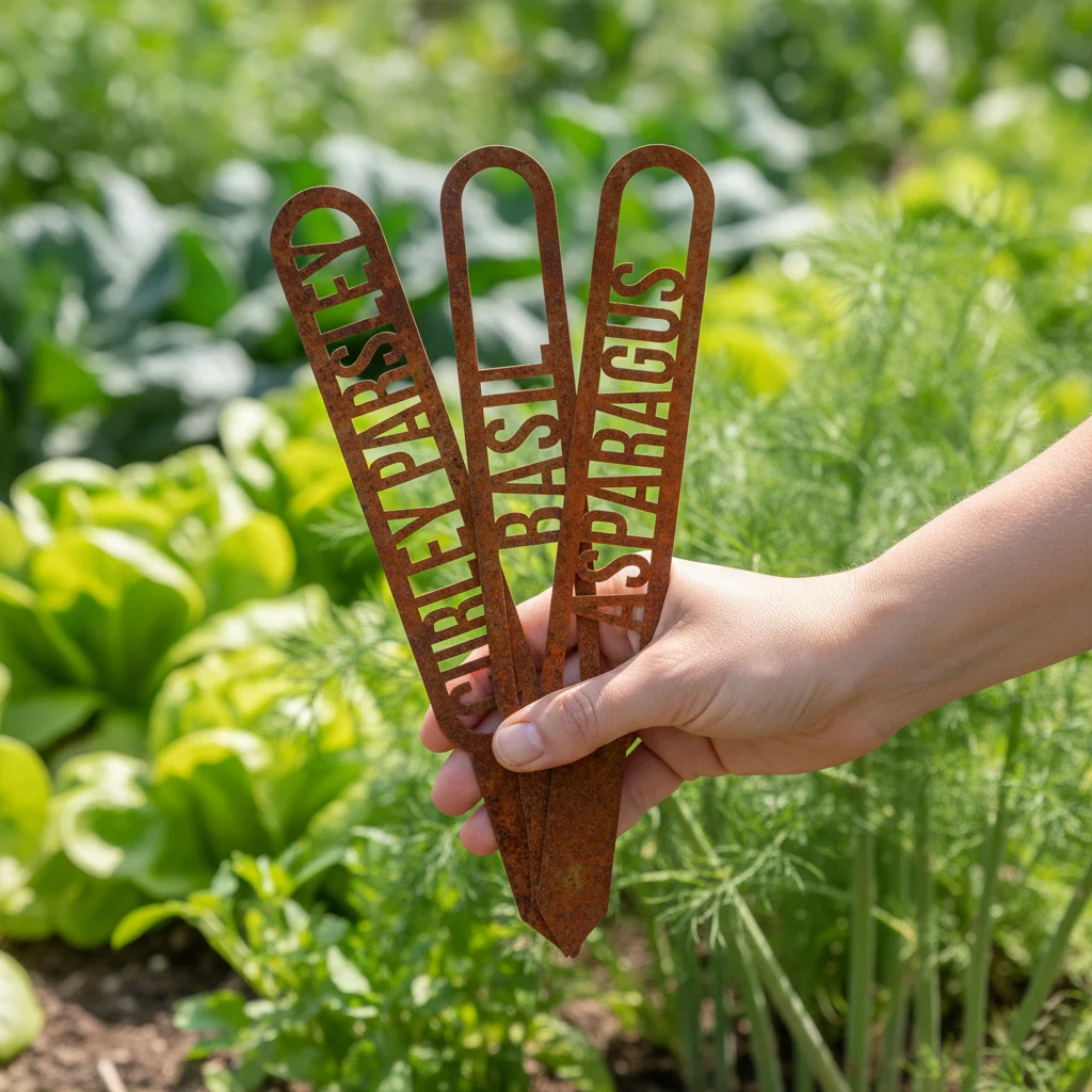 Vegetable Name Stakes, Corten Mockup Hand Holding A Plant Stick - Iron Leaf Studio