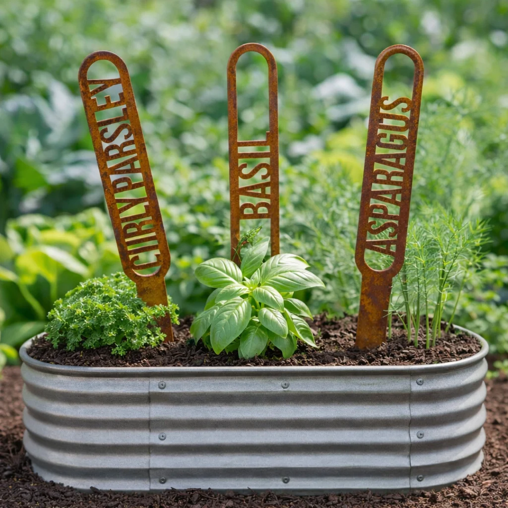 Vegetable Name Stakes, Corten Vegetable Stakes In Corrugated Garden Beds - Iron Leaf Studio