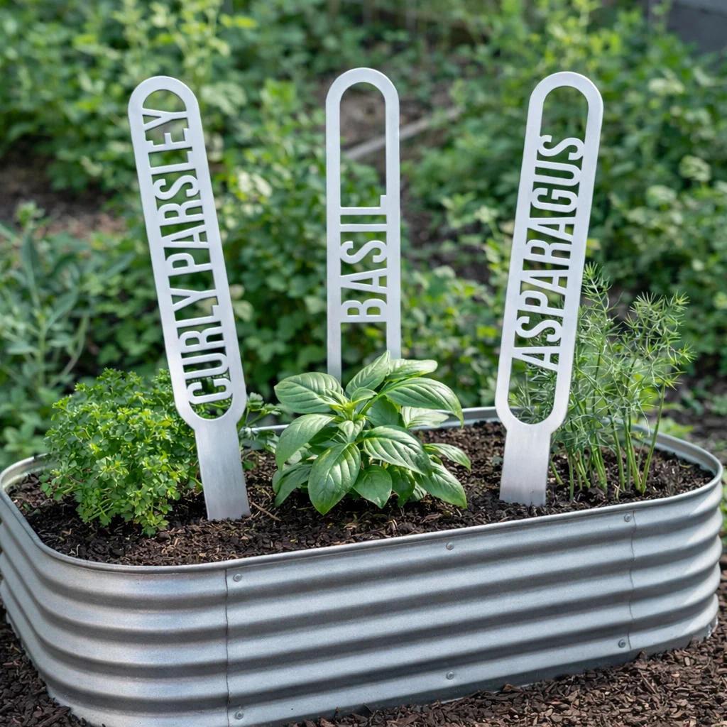 Vegetable Name Stakes, Stainless Steel Vegetable Stakes In Corrugated Garden Beds - Iron Leaf Studio